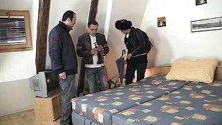 Two men film porn movie with old hairy granma